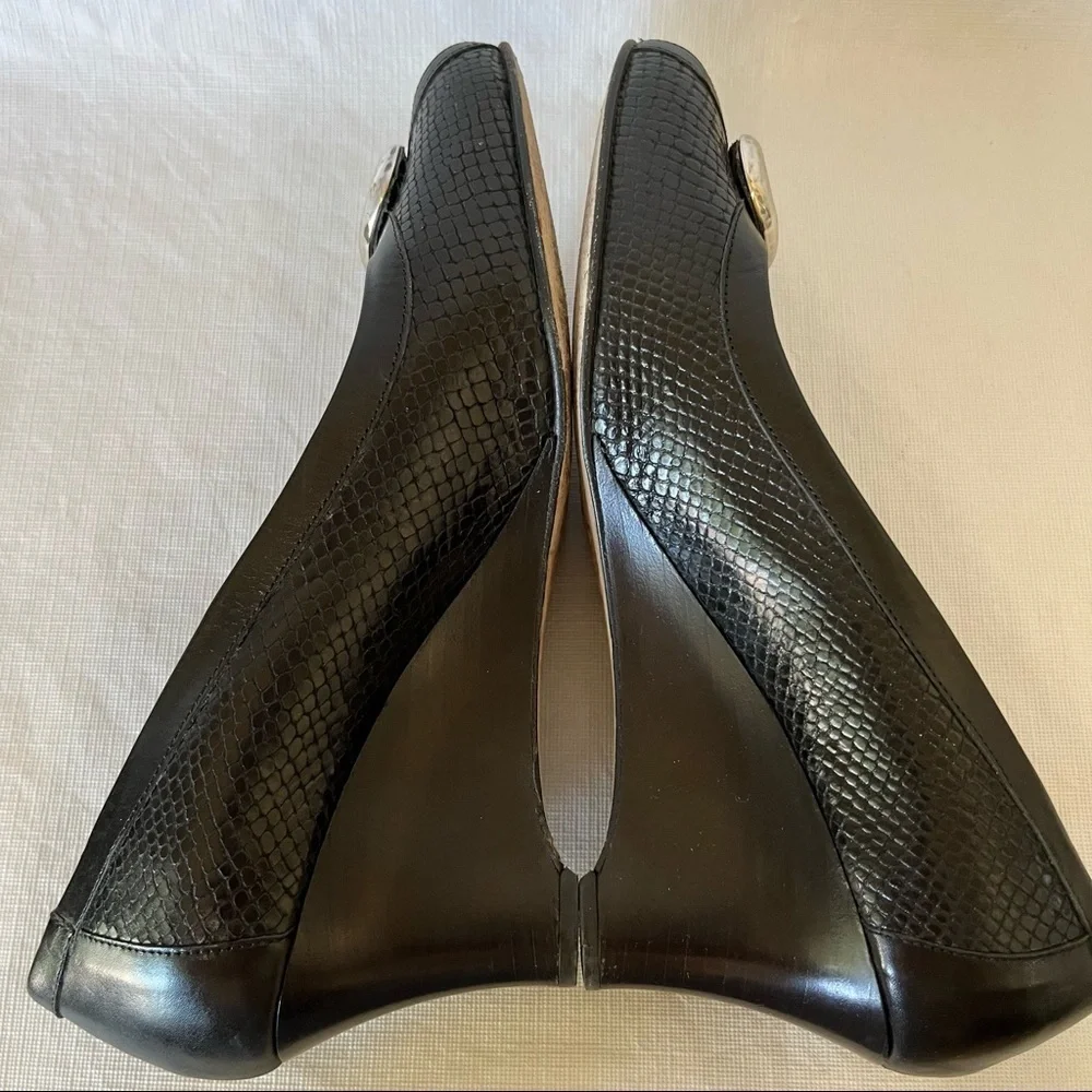 Brighton Nelly Black Leather Peep Toe Wedge Heels
